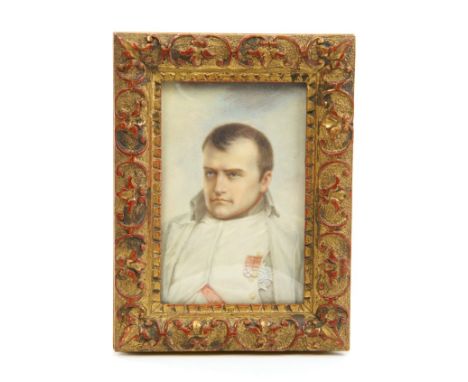 Attributed to P. Petrowski, miniature on ivory - Portrait of Napoleon in uniform wearing orders, in glazed gilt frame, 12cm x