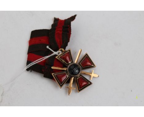 Imperial Russian Order of St Vladimir 4th class with swords - Military Division, gold and enamel with original ribbon bow, in