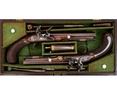 Fine pair George III flintlock Officers' pistols by Ezekiel Baker - gun maker to HRH The Prince Regent (engraved on top of ba