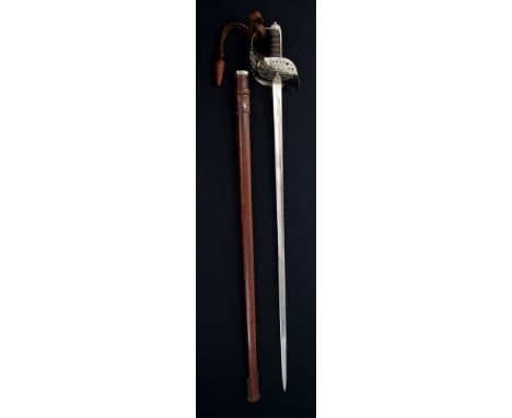 George V 1897 pattern Infantry Officers' sword with nickel plated guard, leather dress knot and wire bound shagreen grip, str