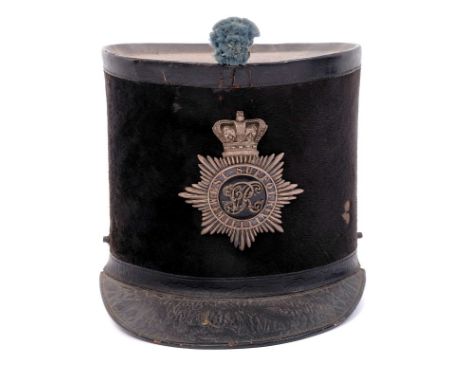 Rare Victorian Officers' Albert pattern shako, circa 1850, of the West Suffolk Militia, with silver and black patent leather 