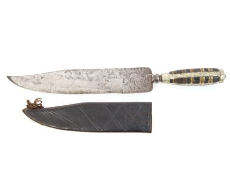 Unusual early 19th century, probably Southern Italian hunting knife of large proportions, with horn inlaid German silver moun