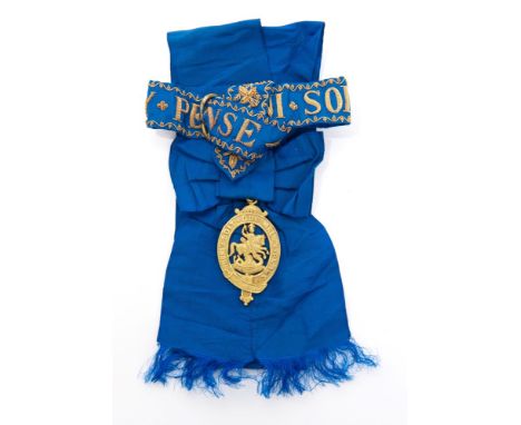 The Most Noble Order of The Garter - good quality Victorian fancy dress blue silk sash with gilt metal Lesser George and fine