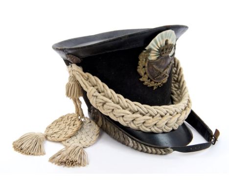 19th century Bavarian bell-topped shako with black leather and felt body, silvered and gilt crowned shield with crossed sword