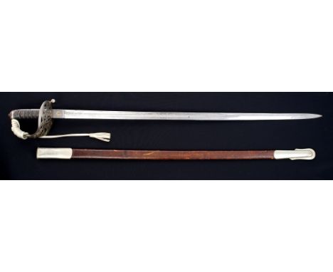 Victorian Cavalry Officers' 1887 pattern undress sword with nickel plated pierced scroll guard, wire bound fish skin grip, fu