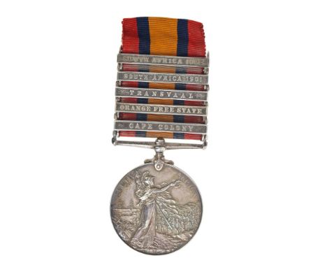 Queens South Africa medal with five clasps - Cape Colony, Orange Free State, Transvaal, South Africa 1901 and South Africa 19