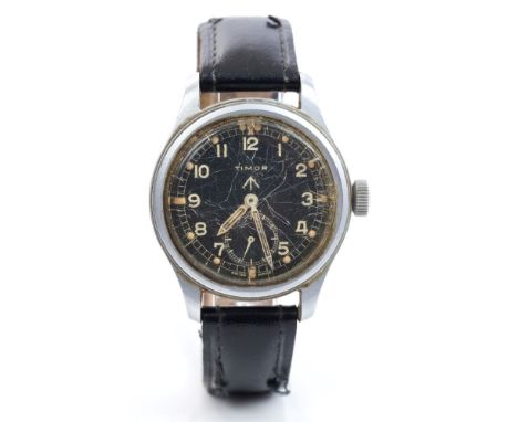 Second World War British military Timor 'W.W.W.' wristwatch in steel case with black Arabic numeral dial with broad arrow mar