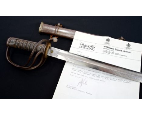 Victorian 1822 pattern Light Cavalry Officers' sword with three bar hilt, wire bound fish skin grip, fullered blade, signed '