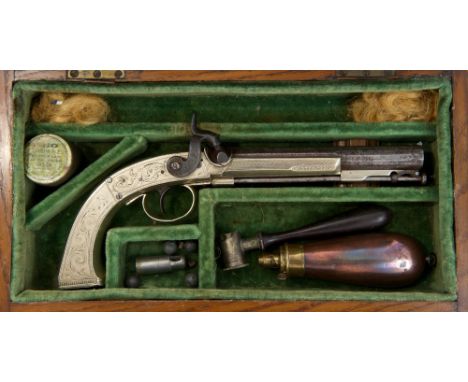 Rare 19th century Scottish German silver framed percussion pistol, circa 1830 - 1840, with multi-faceted engraved steel barre