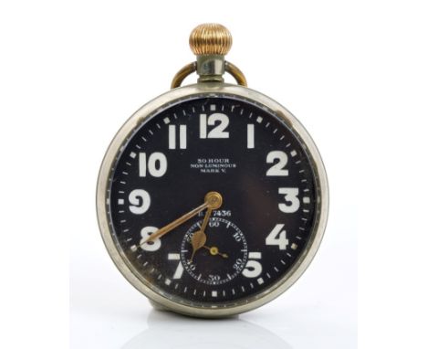 First World War Royal Flying Corp (R.F.C.) thirty hour open faced cockpit / pocket watch, in plated case with button-wind mov