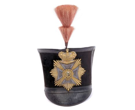 Rare Georgian Officers' bell-top shako of the 63rd West Suffolk Regiment, with gilt, silvered and enamelled helmet plate, wit