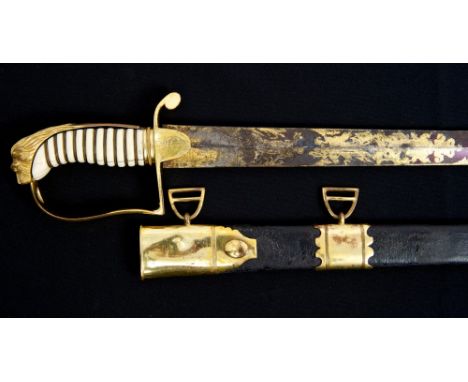 Rare George III 1805 pattern Senior Naval Officers' sword with gilt copper lion's head pommel and stirrup guard with engraved