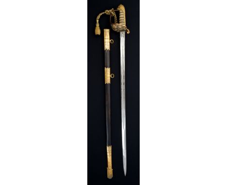 Good George V Naval Officers' dress sword with gilt copper lion's head pommel, wire bound shagreen grips, Gothic guard with c