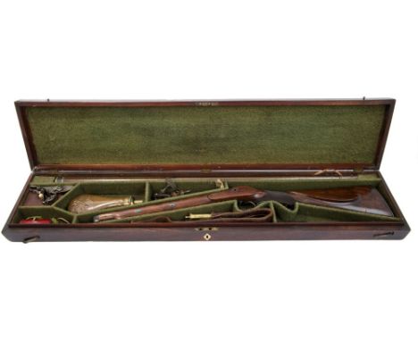 Fine Georgian cased 18 bore flintlock sporting gun by Wheeler, London, circa 1820, with two-stage browned twist barrel fitted