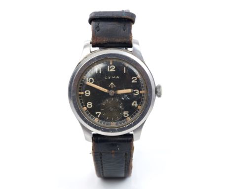 Second World War British military Cyma 'W.W.W.' wristwatch in steel case with black arabic numeral dial with broad arrow mark