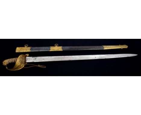 Fine Victorian 1827 pattern Naval Officers' sword by Henry Williamson (no. 13453), with regulation gilt brass Gothic guard wi