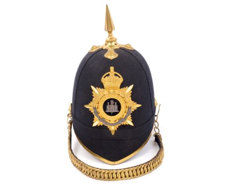 Edward VII 1878 pattern Suffolk Regiment Officers' blue cloth helmet with gilt fittings and helmet plate and gilt brass spike