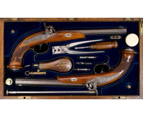 Fine pair of mid-19th century German percussion target pistols in original close-fitting case, the pistols with octagonal rif