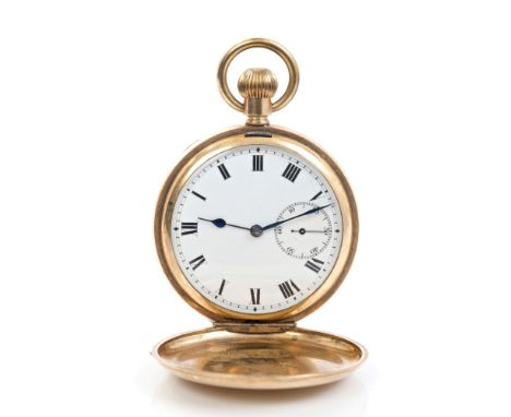 Gentlemen's gold plated full hunter pocket watch, with button-wind movement, white enamel Roman numeral dial with subsidiary 