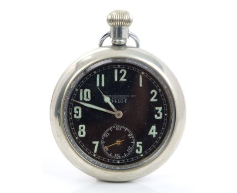 First World War British Military open faced pocket watch in steel case with seven jewel button-wind movement, black luminous 