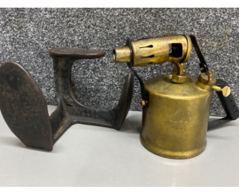 Vintage brass “Optimus” paraffin blow torch &amp; cast iron shoe last