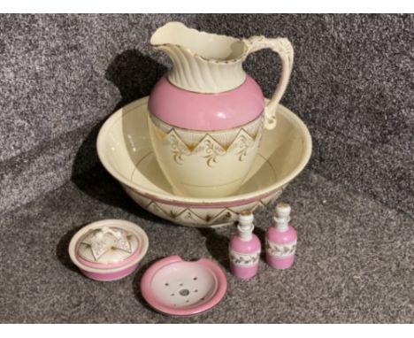 Vintage Pink &amp; white toilet bowl &amp; jug set