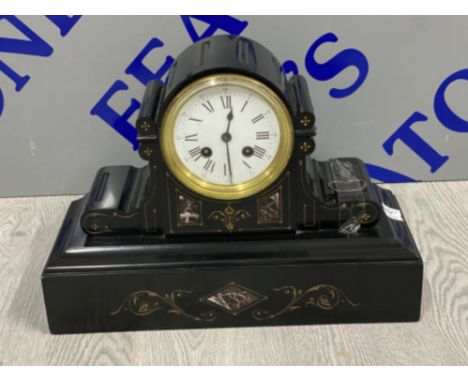 French black slate mantle clock with key &amp; pendulum