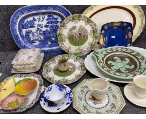Box lot comprising of miscellaneous plates etc including Royal Worcester blue &amp; white cup and saucer, Spode plate &amp; c