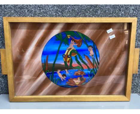 Vintage wooden framed hand painted twin handled tray