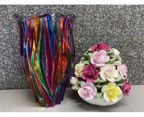 Large multicoloured glass vase by RCR (height 26cm) together with a large vintage Aynsley flower posy (19x17cm)