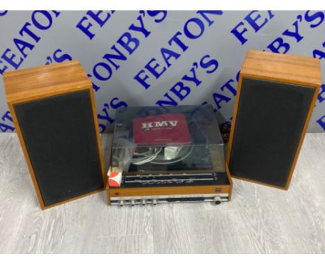 A vintage HMV record player also include 2 HMV surround sound speaker systems