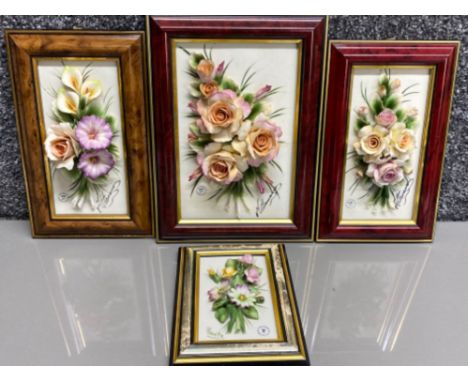 4x framed Capodimonte floral ceramic wall plaques