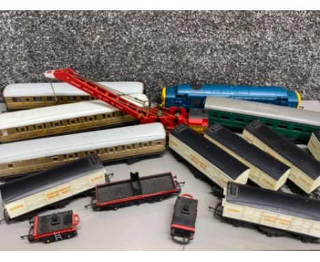 Box Containing a variety of Hornby OO gauge scale models, including milk vans, passenger carriages &amp; engine etc, also inc