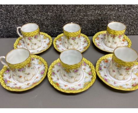 Set of 6 antique Dresden coffee cups &amp; saucers, 12 pieces in total all with a floral patterned yellow &amp; white design