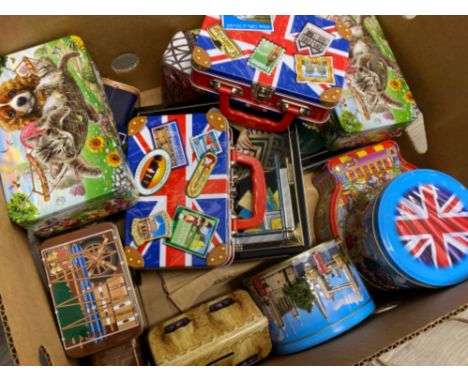 Box containing miscellaneous vintage tins plus 1x money box