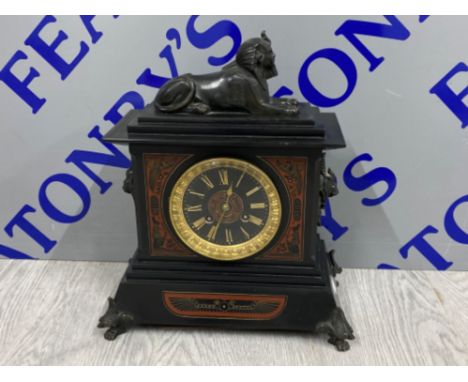 Antique Egyptian Revival Empire Sphinx pharaoh marble French bronze mantle clock, with pendulum &amp; key