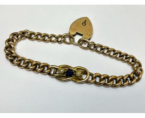 Vintage 9ct Rose Gold Sapphire &amp; Pearl set curb bracelet with Padlock fastening - 13.3grams