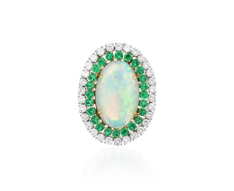 Featuring an oval-shaped opal, weighing approximately 11.25 carats, withÂ excellent fire and sublime play of light,Â surround