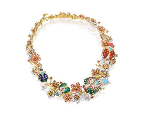 This fabulous nature-inspired necklace is crafted in 18K gold and features ladybugs, en tremblant flowers and leavesÂ accente