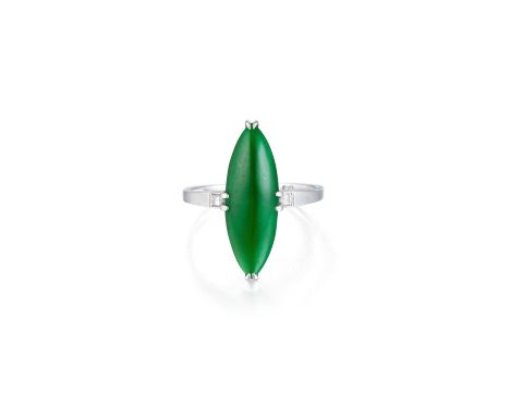 A platinum ring, featuring a centered navette-shapedÂ cabochon jadeite jade, weighing approximately 4.10 carats, the shoulder