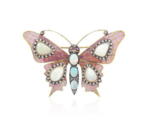 Hand-crafted out of 18K yellow gold with plique-a-jourÂ enamel and antiqued surfaces, featuring seven bezel-set cabochon opal