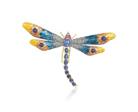 Designed as dragonfly, hand-crafted out of 18K yellow gold with applied enamel, featuring 13 bezel-setÂ cabochon sapphires we