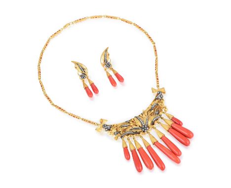 Comprised of a necklace and a pair of earrings,Â hand-crafted out of 18K yellow gold with enamel and antiquing, featuring 116
