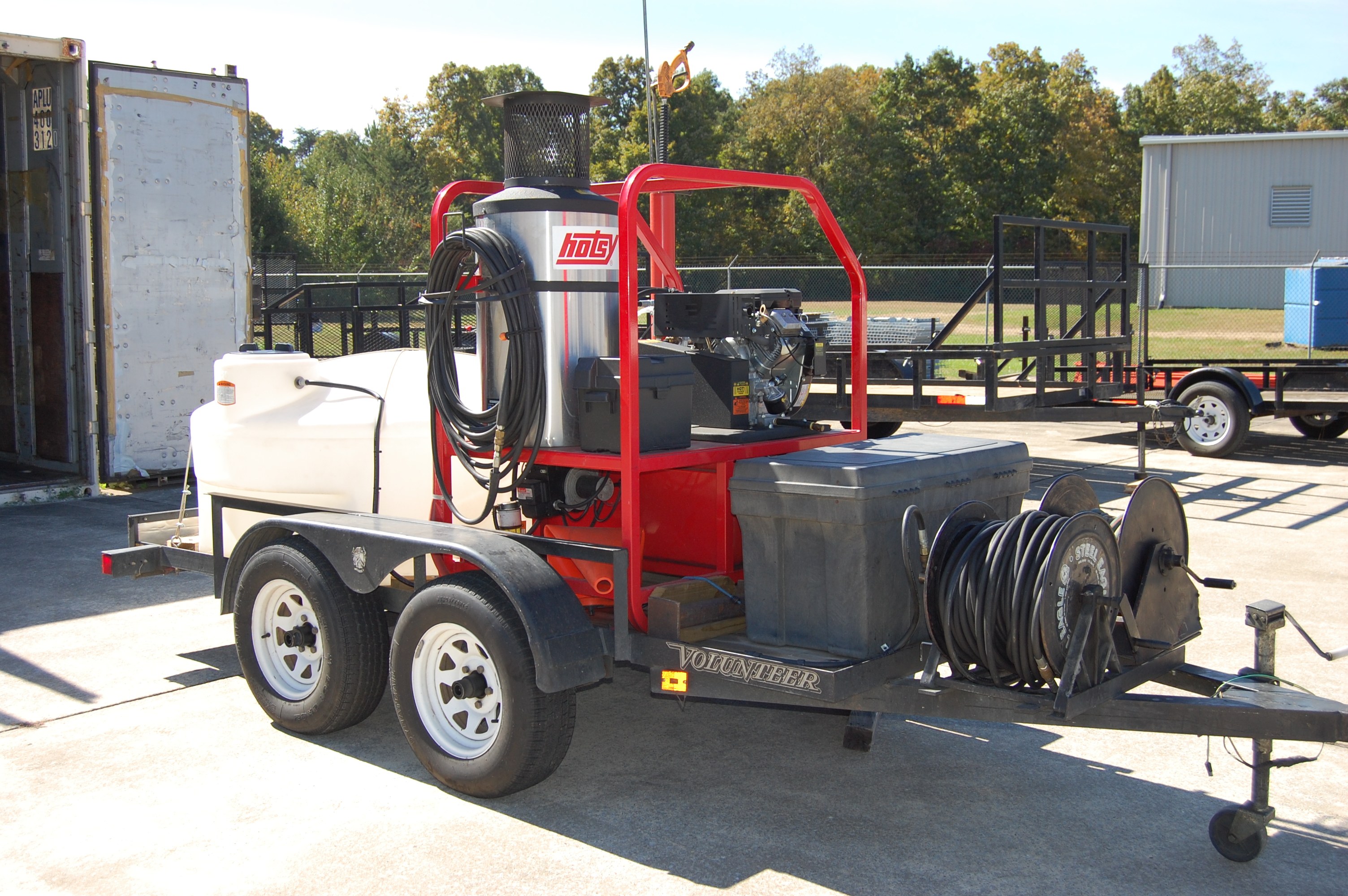 HOTSY MDL 1260SS STEAM CLEANER SYSTEM TRAILER MOUNTED, W/WATER TANK, HOSE REELS, 3,000PSI, DIESEL