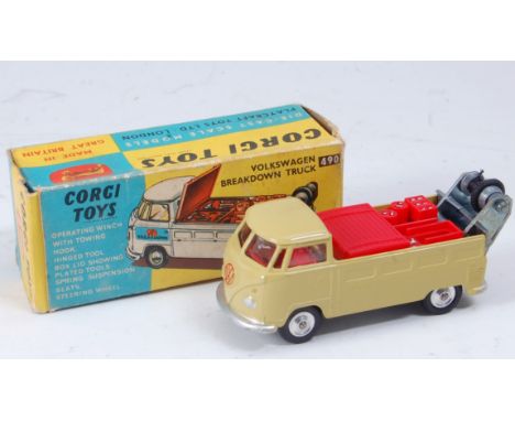 A Corgi Toys No. 490 Volkswagen breakdown truck comprising light olive green body with red interior and spun hubs, missing sp