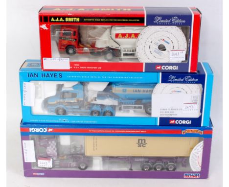 Three various boxed boxed Corgi 1/50 scale road transport diecast vehicles all in original boxes with limited edition certifi