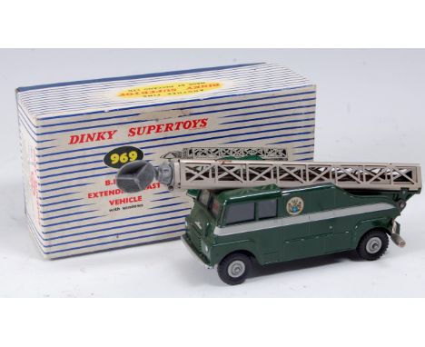 A Dinky Toys No. 969 BBC TV extending mast vehicle comprising of dark green and grey body with grey hubs in the original blue