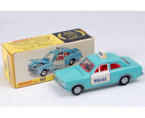 A Dinky Toys No. 270 Ford Panda Police car comprising light blue body with white doors and red interior, Police stickers to d
