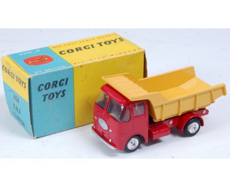 A Corgi Toys No. 458 ERF tipper comprising red cab and chassis with yellow back on spun hubs in the original blue & yellow pl