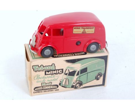 Triang Minic, post war clockwork 10CWT Morris Commercial Delivery Van, red plastic body with cash hubs, with key in the origi